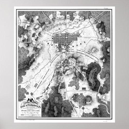 Vintage Map of The Gettysburg Battlefield 1863BW Poster
