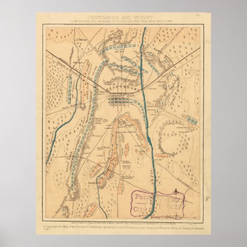 Vintage Map of The Gettysburg Battlefield 1864 Poster