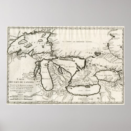 Vintage Map of The Great Lakes 1744 Poster