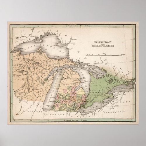 Vintage Map of The Great Lakes 1837 Poster