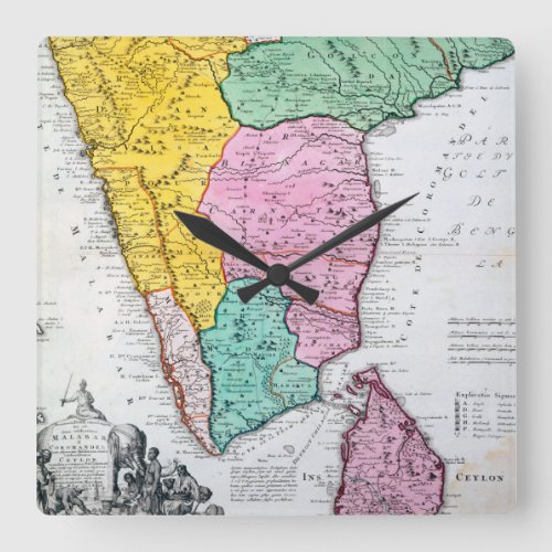 Vintage Map of the Indian Peninsula  1733 Square Wall Clock