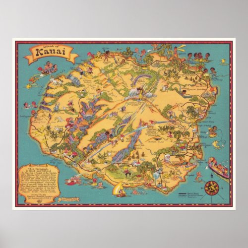 Vintage Map of the Island of Kauai Poster