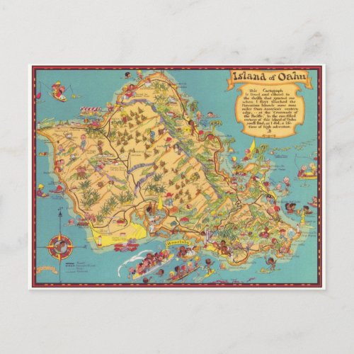 Vintage Map of the Island of Oahu Postcard