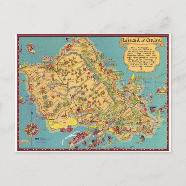 Vintage Map of the Island of Oahu Postcard (Front)