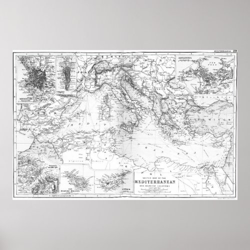 Vintage Map of The Mediterranean Sea 1891 BW Poster