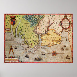 Vintage Map of The North Carolina Coast (1591) Poster