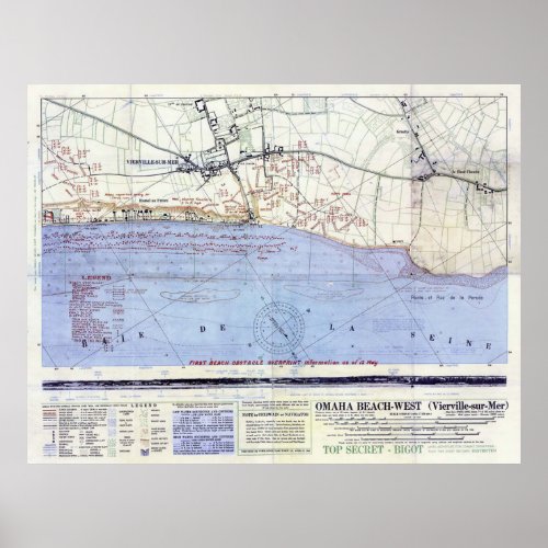 Vintage Map of The Omaha Beach Landings 1944 Poster