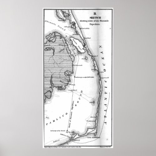 Vintage Map of The Outer Banks 1862 BW Poster