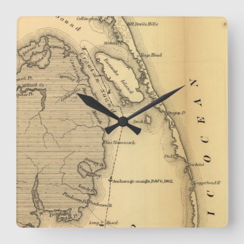 Vintage Map of The Outer Banks 1862 Square Wall Clock