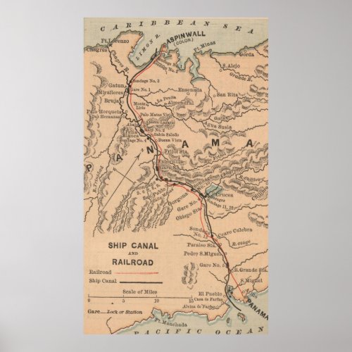 Vintage Map of The Panama Canal 1885 Poster