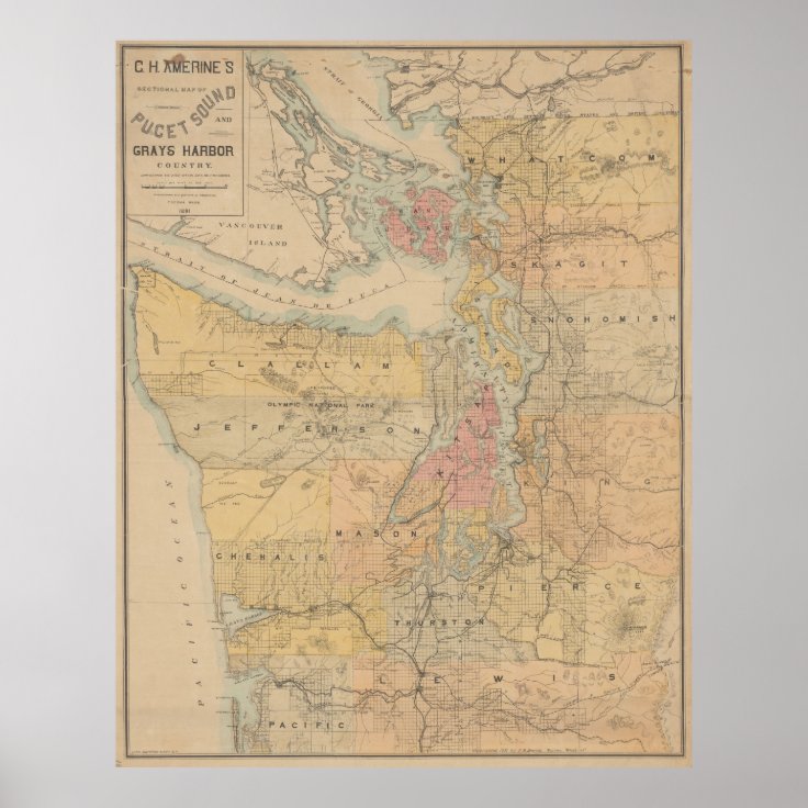 Vintage Map of The Puget Sound (1891) Poster | Zazzle