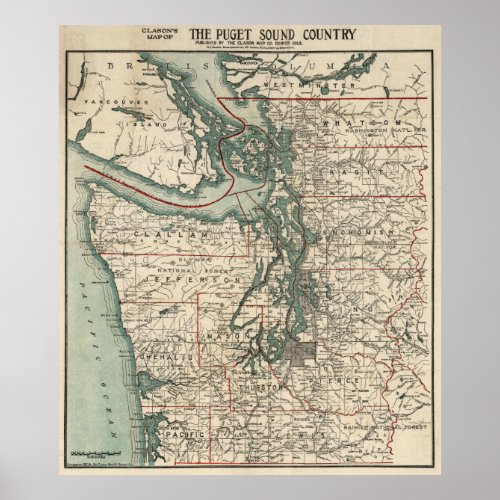 Vintage Map of The Puget Sound 1910 Poster