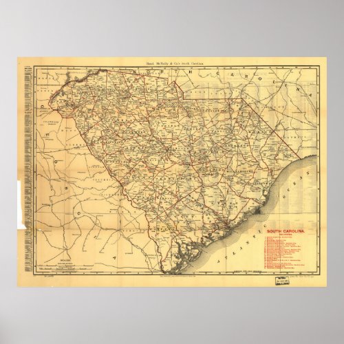 Vintage Map of The South Carolina Railroads 1900 Poster