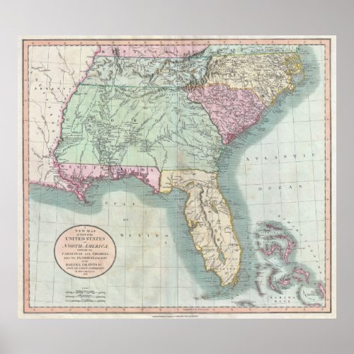 Vintage Map of The Southeastern US 1806 Poster