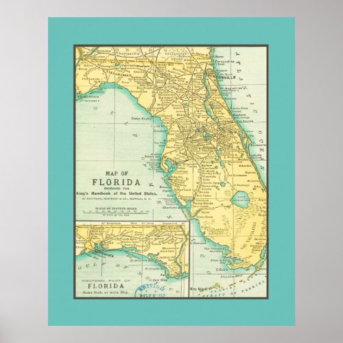 Vintage Map of the State of Florida USA    Poster