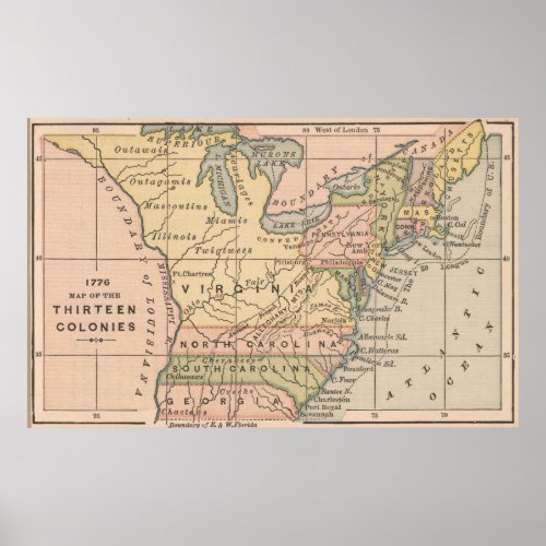 Vintage Map of The Thirteen Colonies 1885 Poster