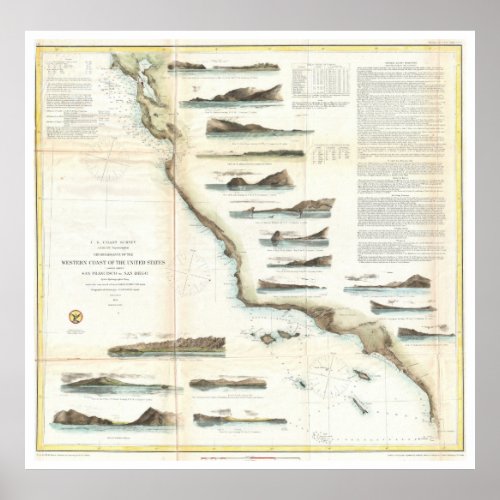 Vintage Map of The US West Coast 1853 Poster