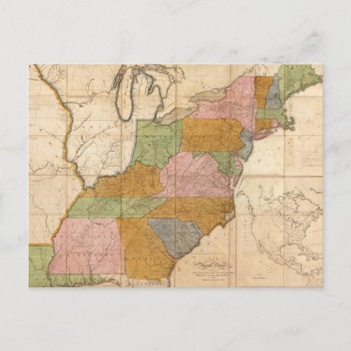Vintage Map of the United States Post Roads 1804 Postcard