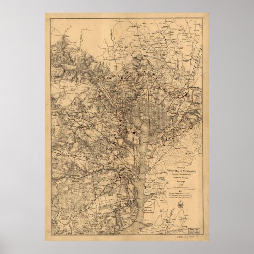 Vintage Map of The Washington DC Area 1865 Poster