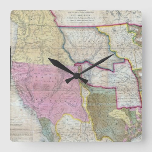 Vintage Map of The Western United States 1846 Square Wall Clock