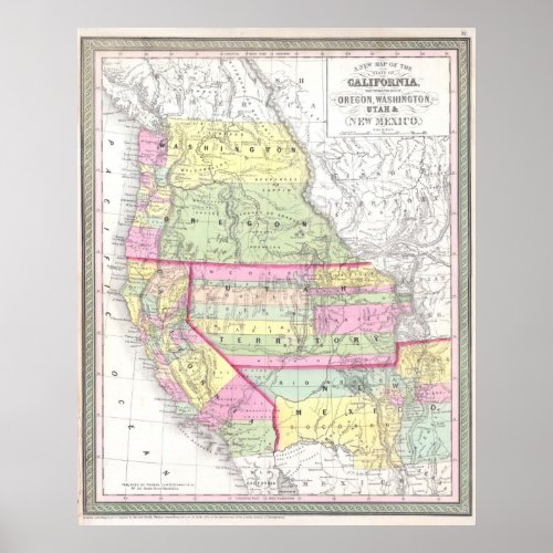 Vintage Map of The Western United States 1853 Poster