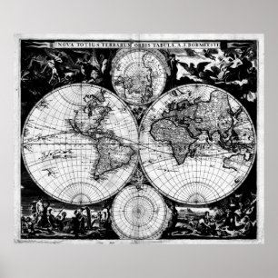 Vintage Map of The World (1685) Black & White Poster