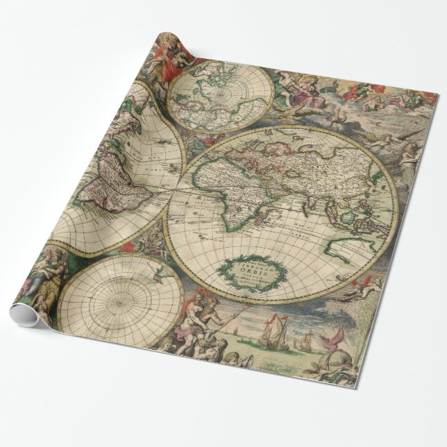Vintage Map of The World (1689) Wrapping Paper (Unrolled)