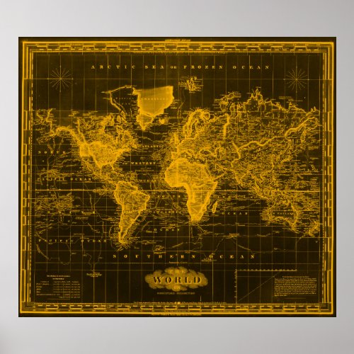 Vintage Map of The World 1833 Black  Orange Poster
