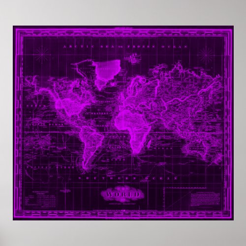 Vintage Map of The World 1833 Black  Purple Poster