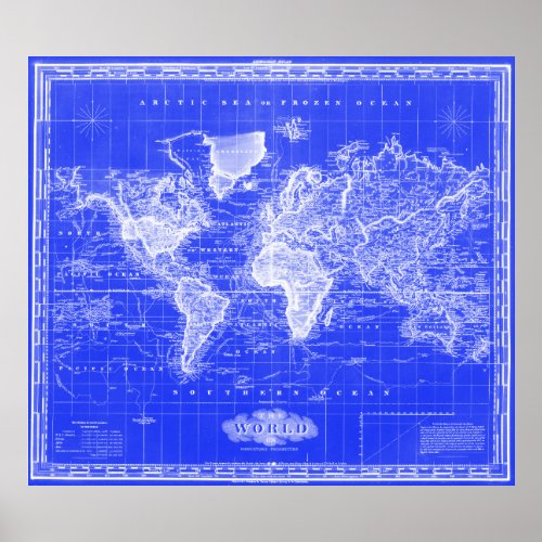 Vintage Map of The World 1833 Blue  White Poster