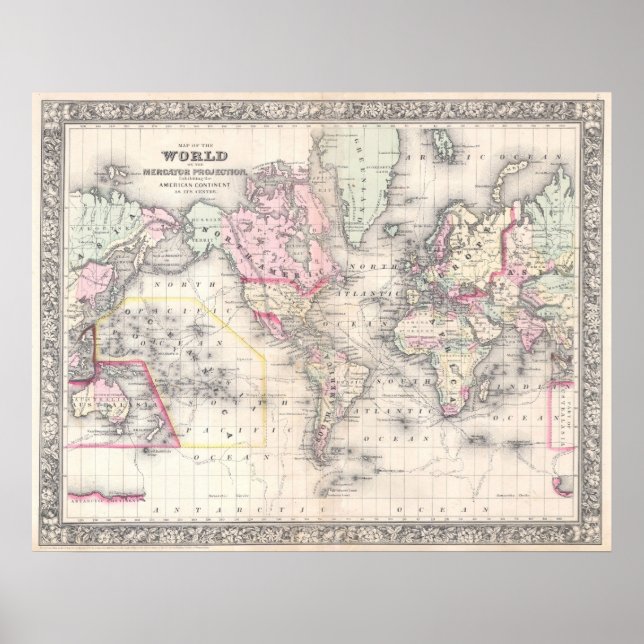 Vintage Map of The World (1864) Poster (Front)