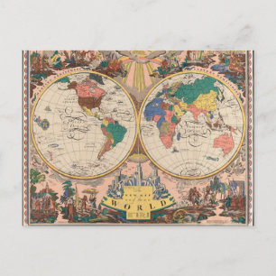 Vintage Map of the World Postcard