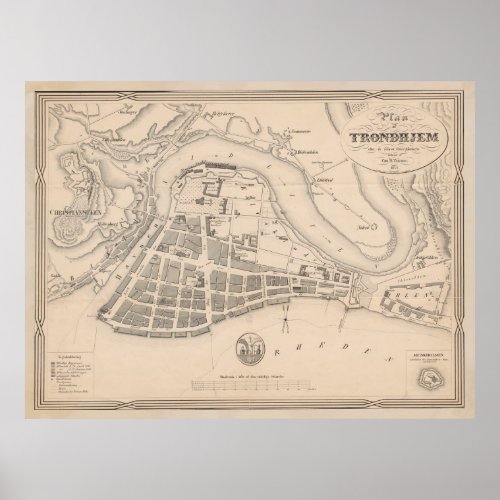 Vintage Map of Trondheim Norway 1842 Poster