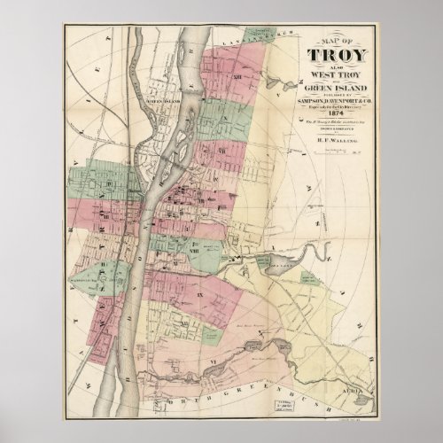 Vintage Map of Troy NY 1874 Poster