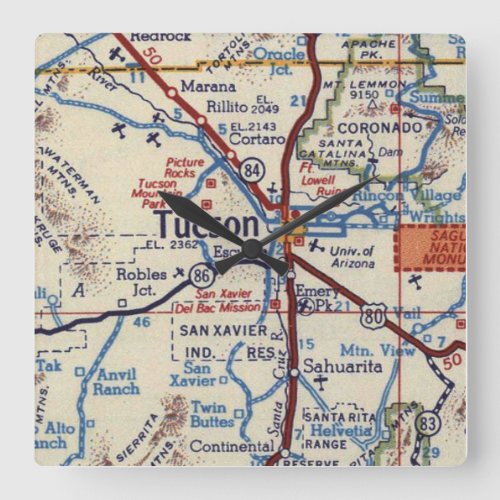 Vintage Map of Tucson Arizona Square Wall Clock