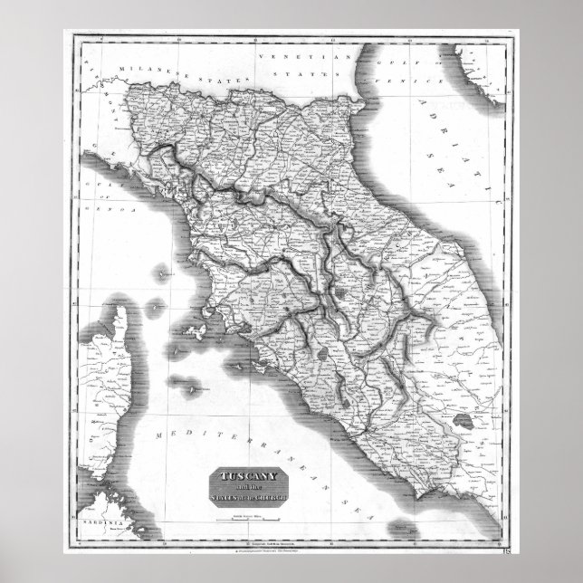 Vintage Map of Tuscany Italy (1814) BW Poster (Front)