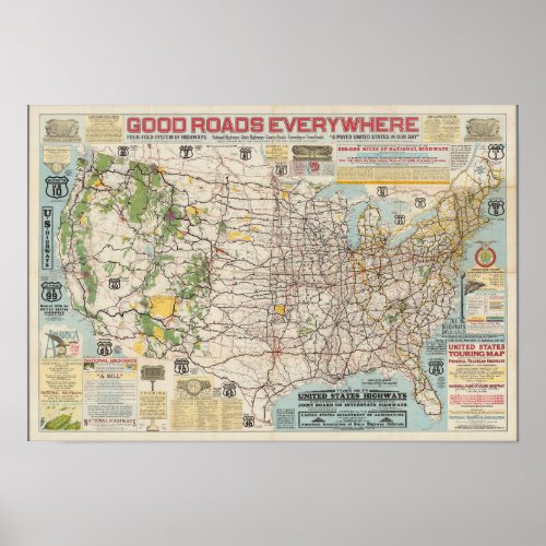 Vintage Map of US Highway System Poster