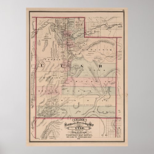Vintage Map of Utah 1878 Poster