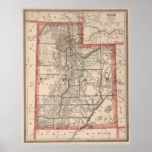 Vintage Map of Utah 1883 Poster