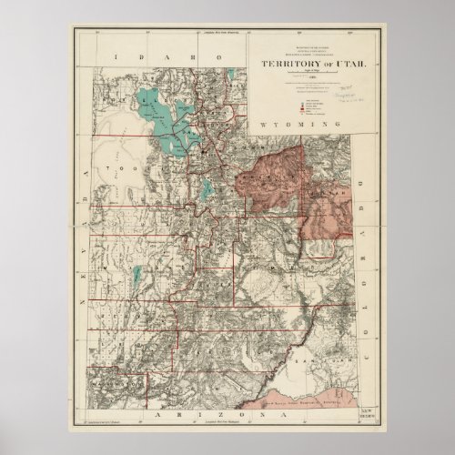Vintage Map of Utah 1889 Poster