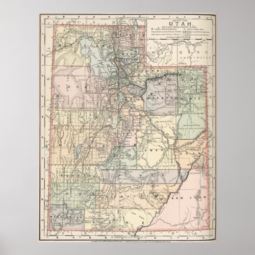 Vintage Map of Utah 1891 Poster
