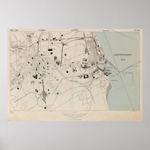 Vintage Map of Valencia Spain 1943 Poster