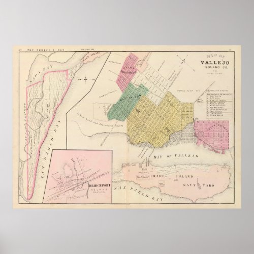 Vintage Map of Vallejo CA 1878 Poster