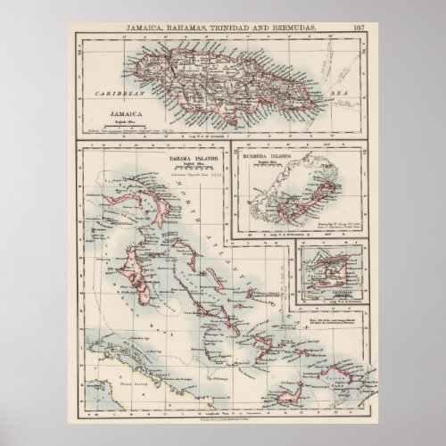 Vintage Map of Various Caribbean Islands 1906 Poster