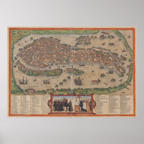Vintage Map of Venice Italy 1572 Poster