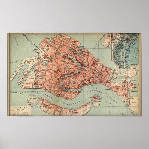 Vintage Map of Venice Italy 1920 Poster