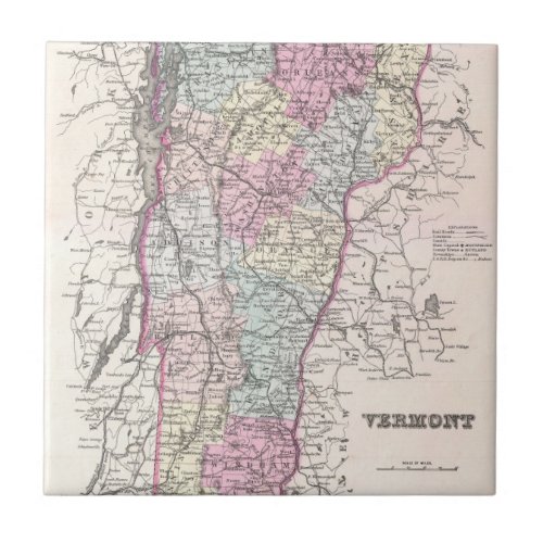 Vintage Map of Vermont 1855 Tile