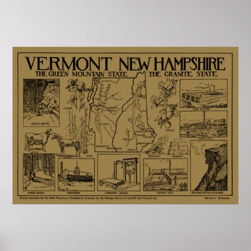 Vintage Map of Vermont and New Hampshire 1912 Poster