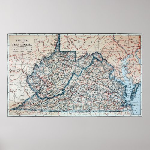 Vintage Map of Virginia and West Virginia 1921 Poster