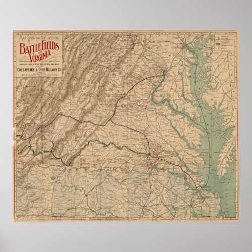 Vintage Map of Virginia Battlefields 1892 Poster